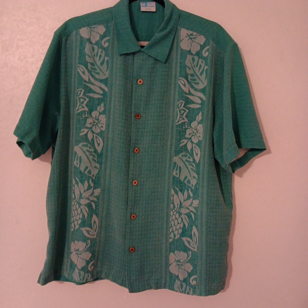 Paradise Lahaina Men's Button-up Shirt‎ Sz.L Teal/White 70% Silk 30% Rayon...